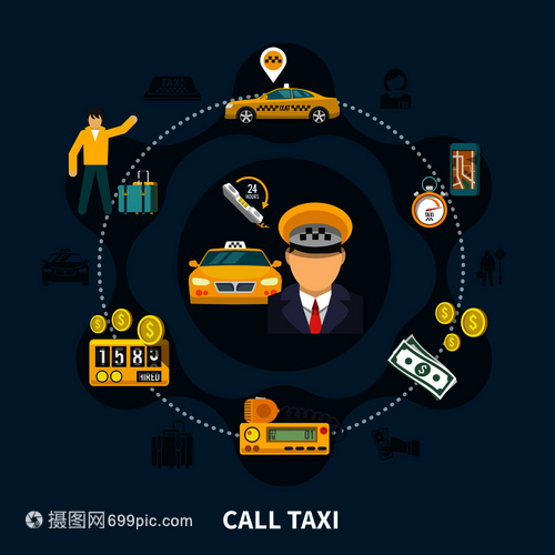 出租车圆形剪影图标 汽车服务广告中的视觉符号与人本关怀
